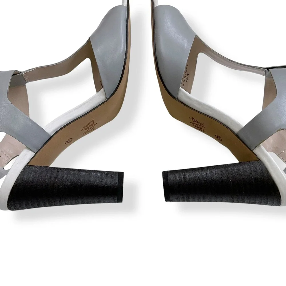 Wythe NY Women Size 8 (38) Gray Zander T Strap Sandals Chunky Heels Shoes NWB